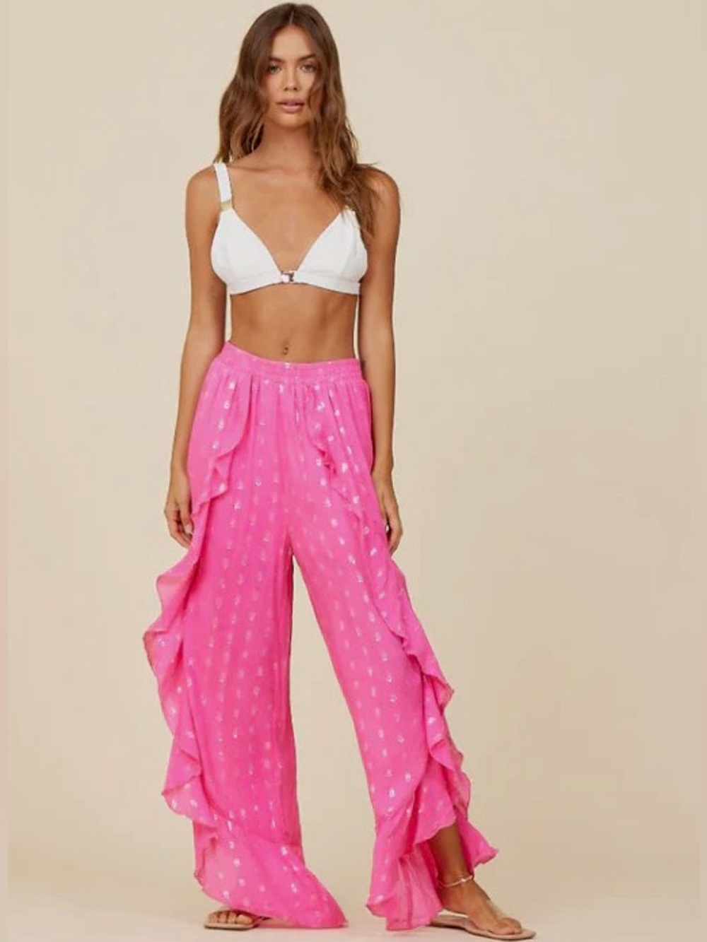 Surf Gypsy Pink Metallic Dot Ruffle Wide Leg Cover Up Boho Resort Beach PANTS  L